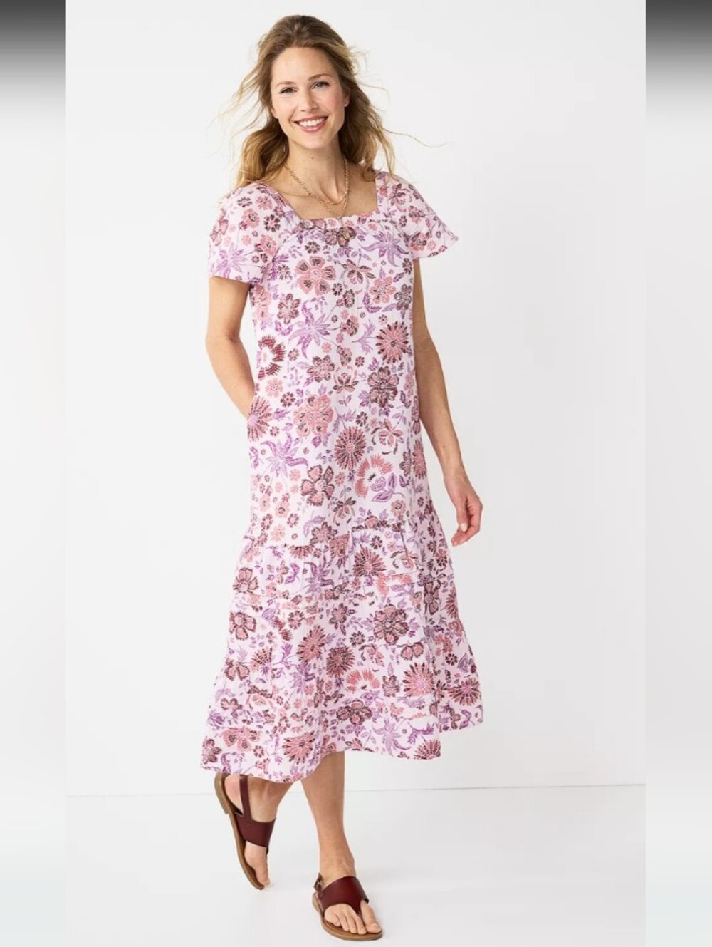 Sonoma NWT Pink Floral Tiered Midi Summer Dress W/ Square Neckline Detailing